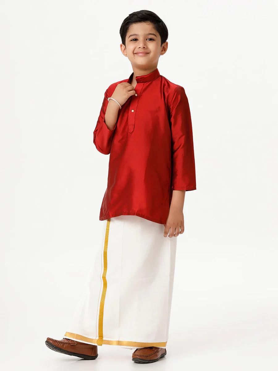 Boys Silk Cotton Full Sleeves Red Kurta with Gold Jari Dhoti Combo - Image 3