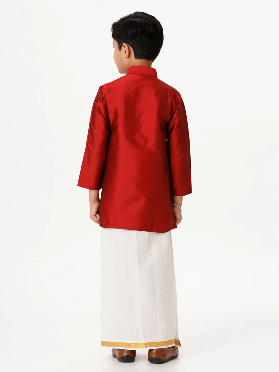 Boys Silk Cotton Full Sleeves Red Kurta with Gold Jari Dhoti Combo - Image 4