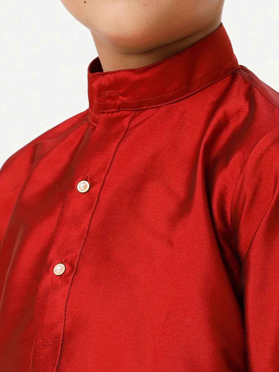 Boys Silk Cotton Full Sleeves Red Kurta with Gold Jari Dhoti Combo - Image 5