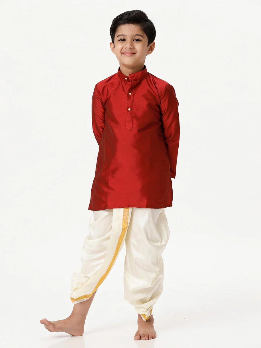Boys Silk Cotton Full Sleeves Red Kurta with Panchakacham Combo - Image 3