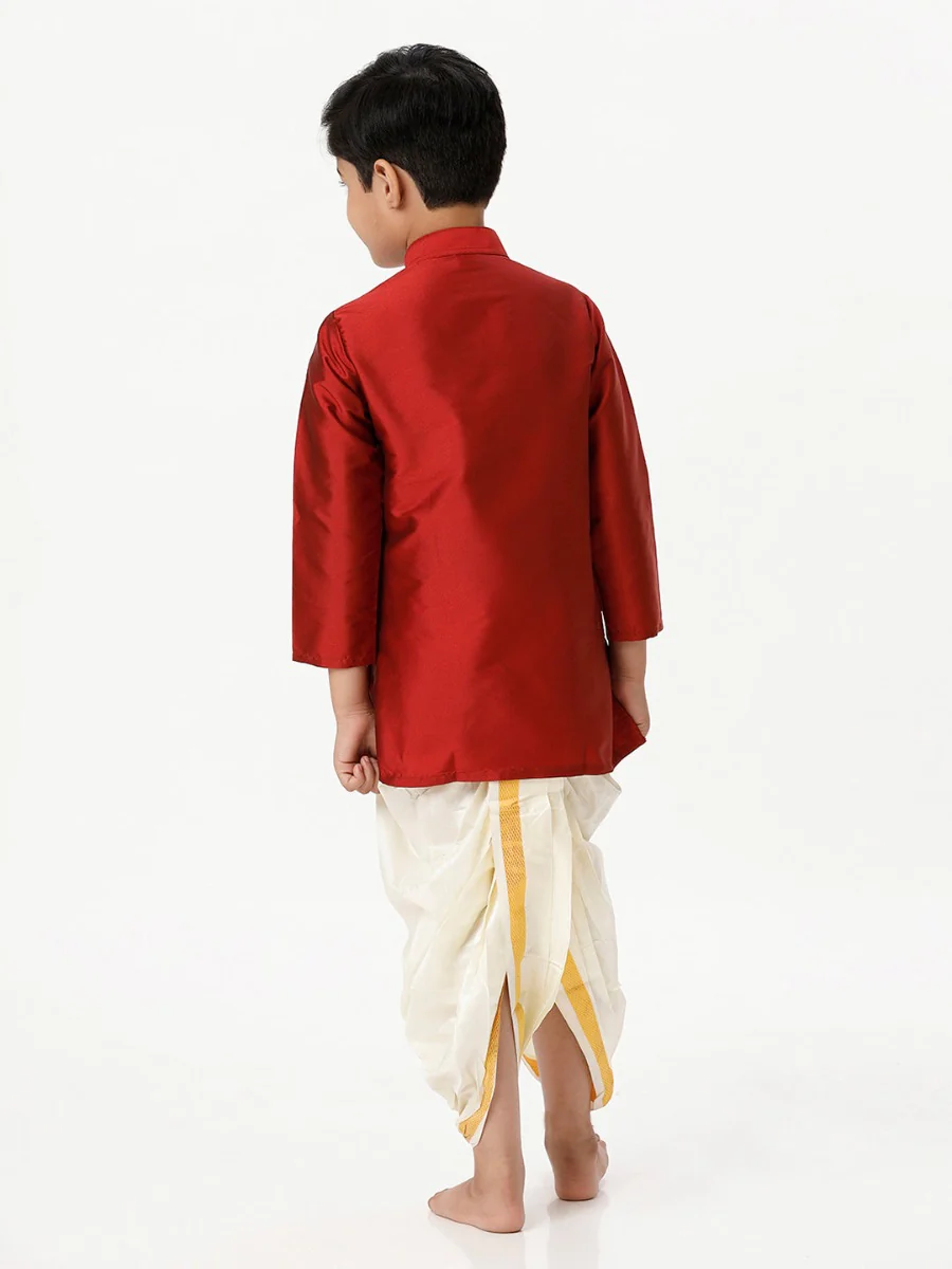 Boys Silk Cotton Full Sleeves Red Kurta with Panchakacham Combo - Image 4