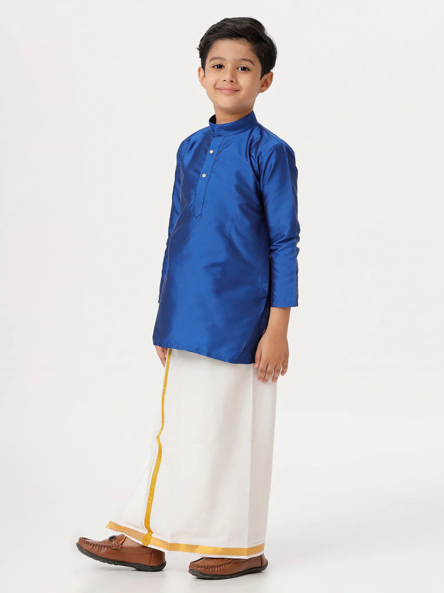 Boys Silk Cotton Full Sleeves Royal Blue Kurta with Gold Jari Dhoti Combo - Image 2