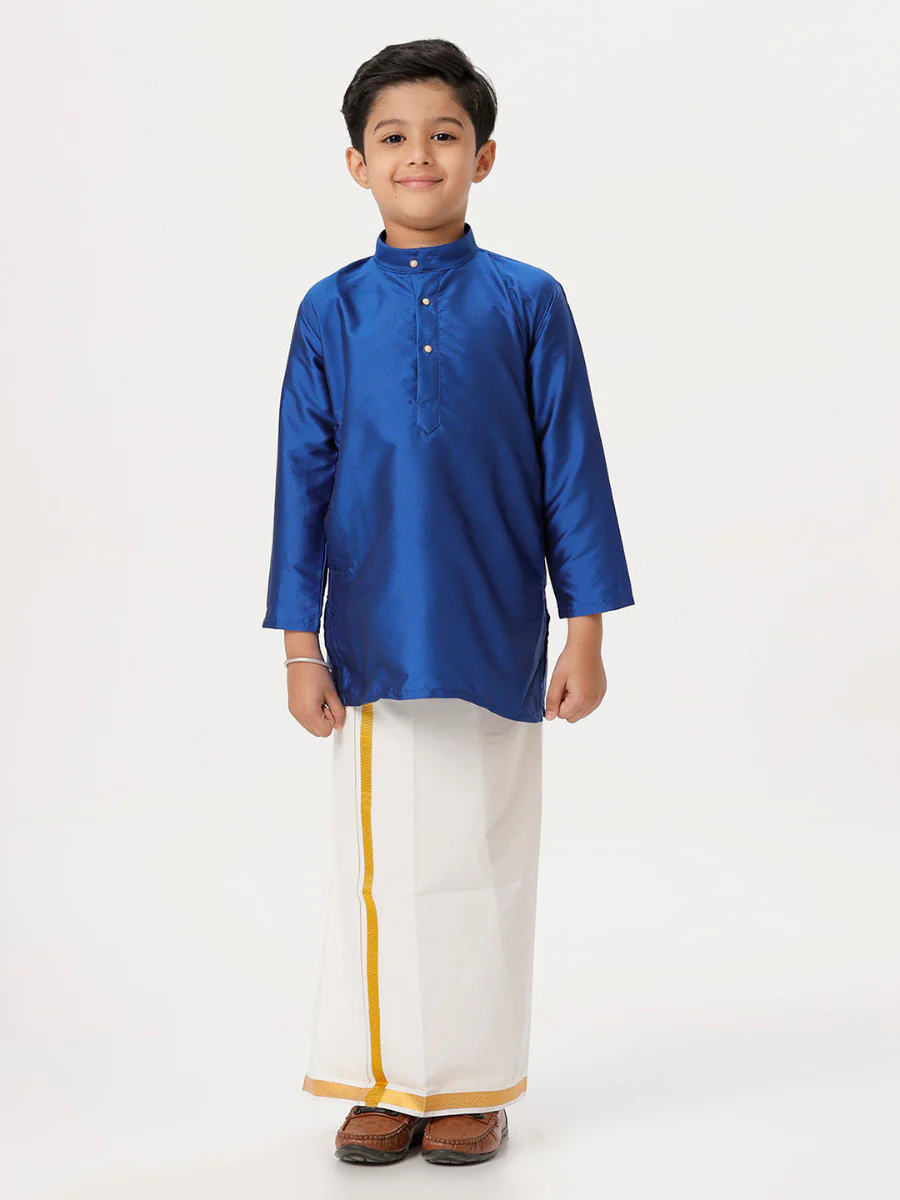Boys Silk Cotton Full Sleeves Royal Blue Kurta with Gold Jari Dhoti Combo - Image 3