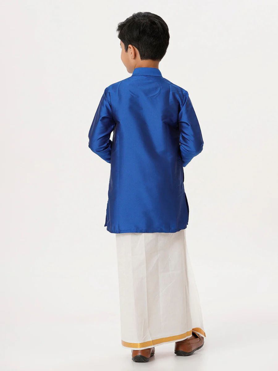 Boys Silk Cotton Full Sleeves Royal Blue Kurta with Gold Jari Dhoti Combo - Image 4