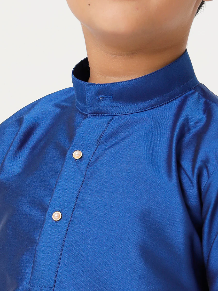 Boys Silk Cotton Full Sleeves Royal Blue Kurta with Gold Jari Dhoti Combo - Image 5