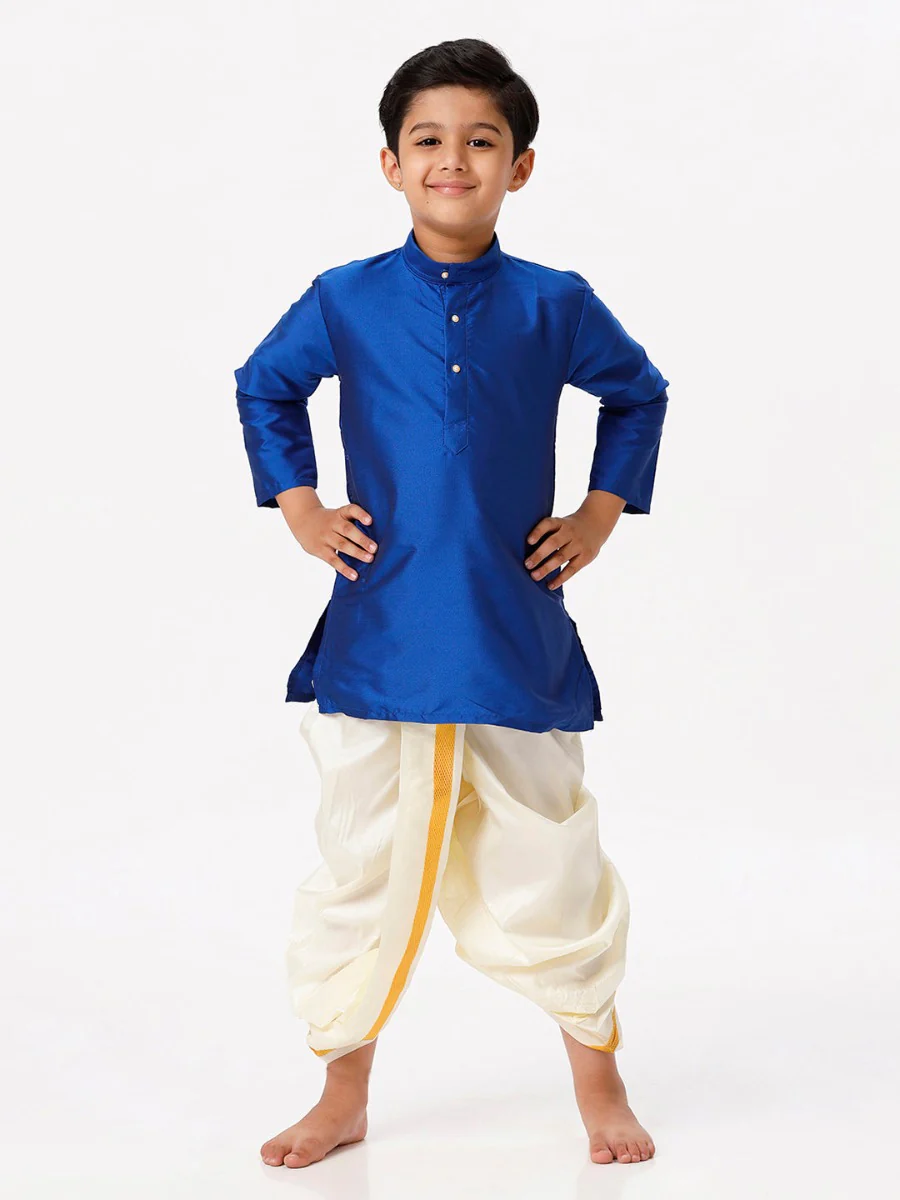 Boys Silk Cotton Full Sleeves Royal Blue Kurta with Panchakacham Combo