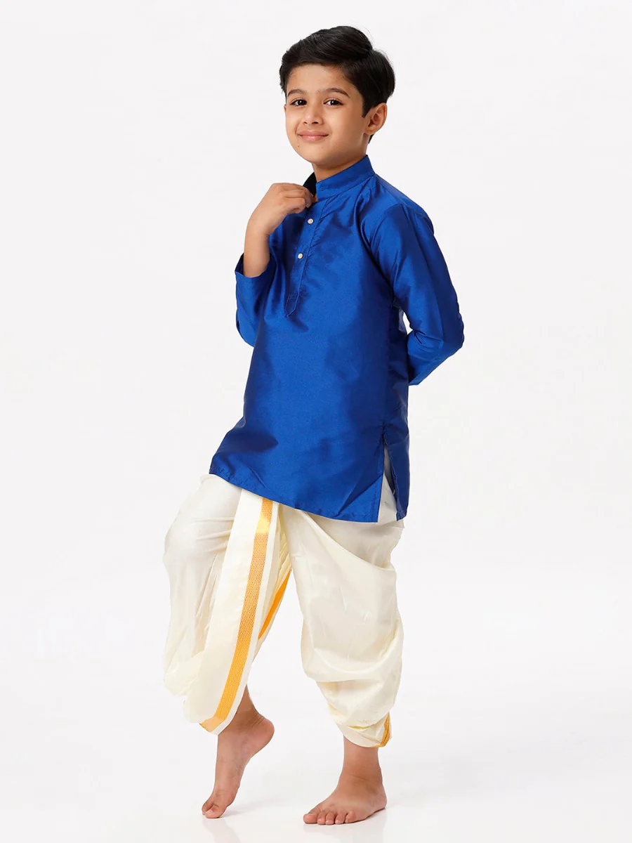 Boys Silk Cotton Full Sleeves Royal Blue Kurta with Panchakacham Combo - Image 3