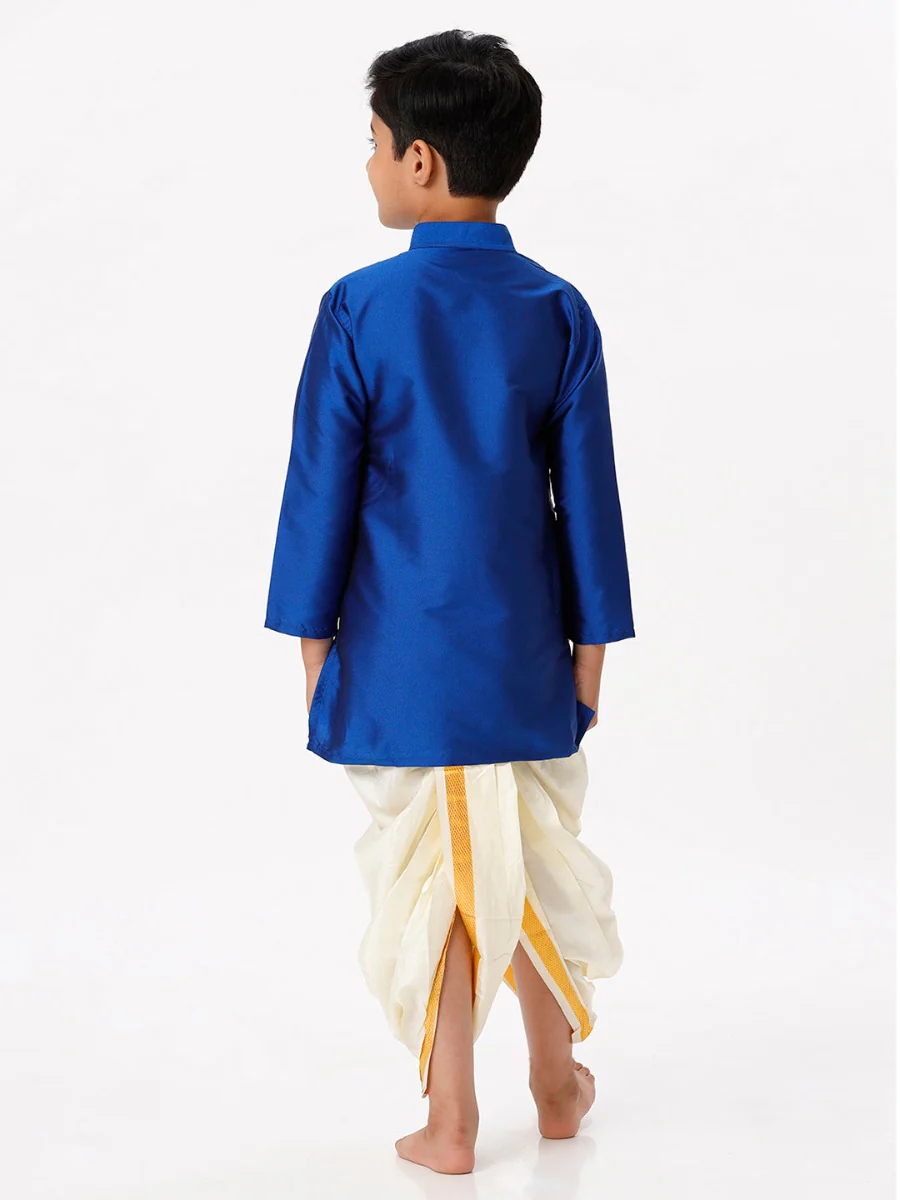 Boys Silk Cotton Full Sleeves Royal Blue Kurta with Panchakacham Combo - Image 4