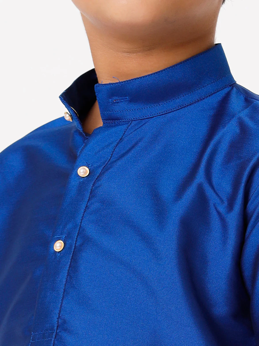 Boys Silk Cotton Full Sleeves Royal Blue Kurta with Panchakacham Combo - Image 5