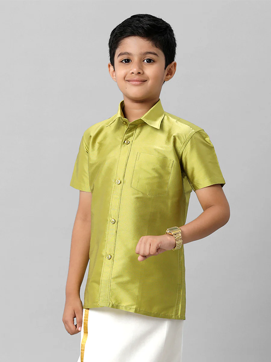 Boys Silk Cotton Lemon Green Half Sleeves Shirt K44 - Image 2