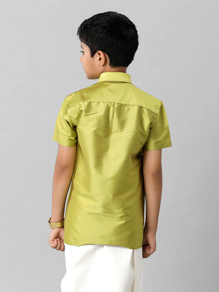 Boys Silk Cotton Lemon Green Half Sleeves Shirt K44 - Image 3