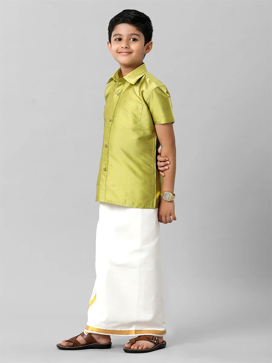 Boys Silk Cotton Lemon Green Half Sleeves Shirt K44 - Image 5