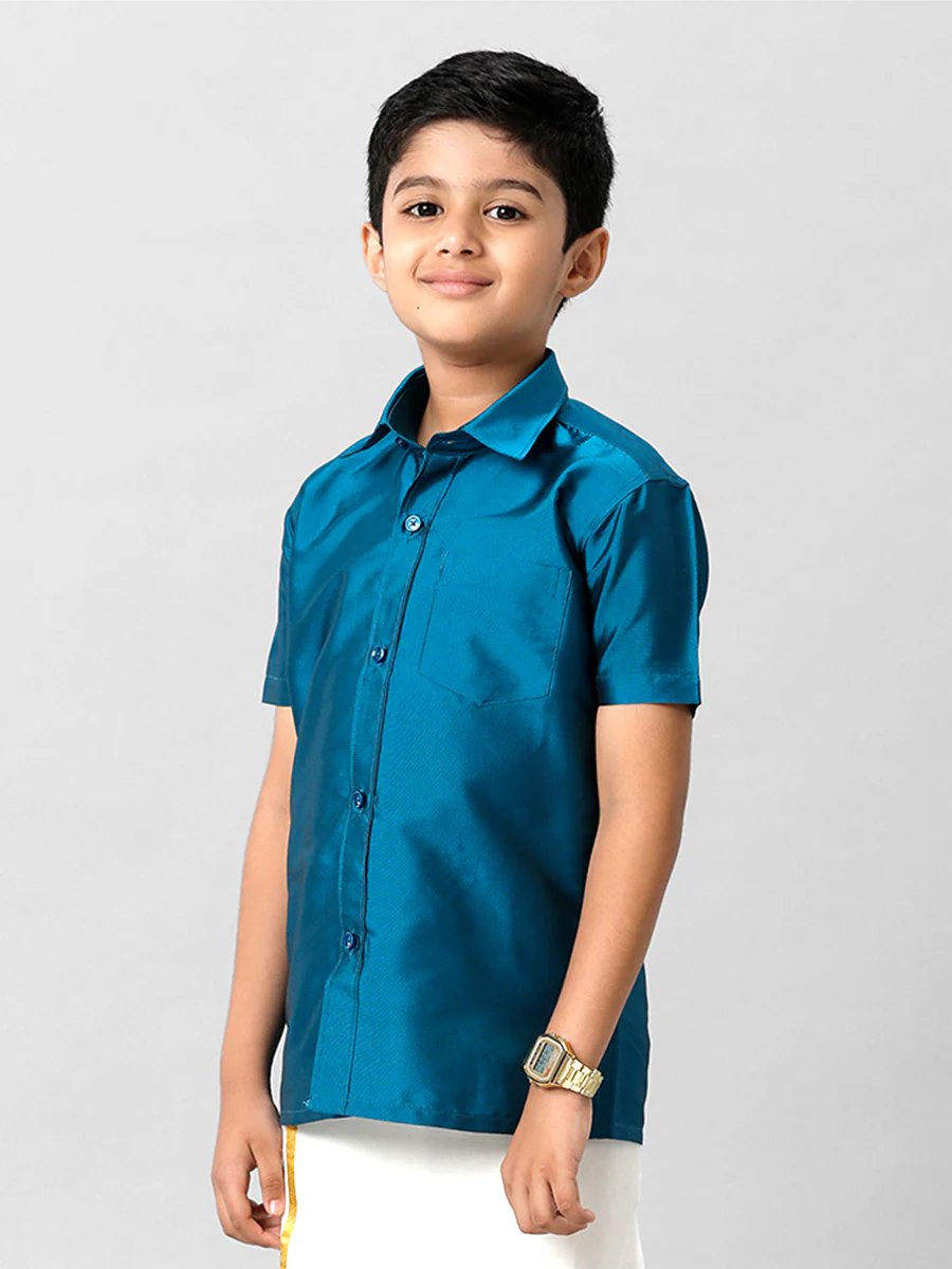 Boys Silk Cotton Light Blue Half Sleeves Shirt K1 - Image 2