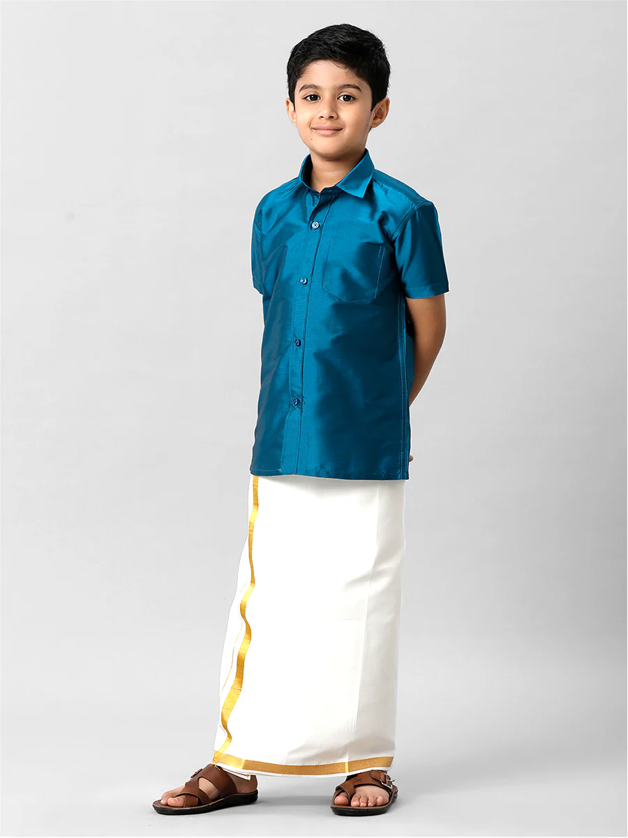 Boys Silk Cotton Light Blue Half Sleeves Shirt K1 - Image 5