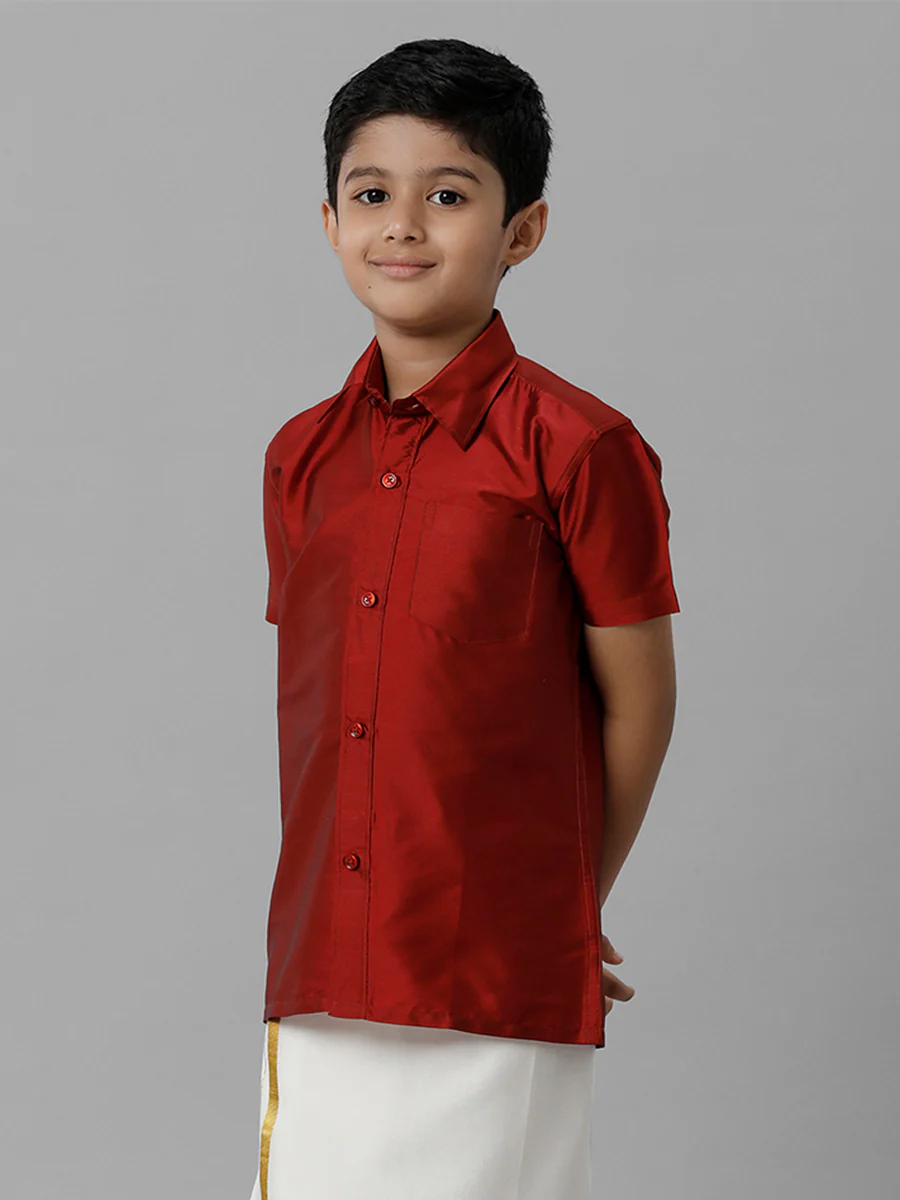 Boys Silk Cotton Maroon Half Sleeves Shirt K7 - Image 2