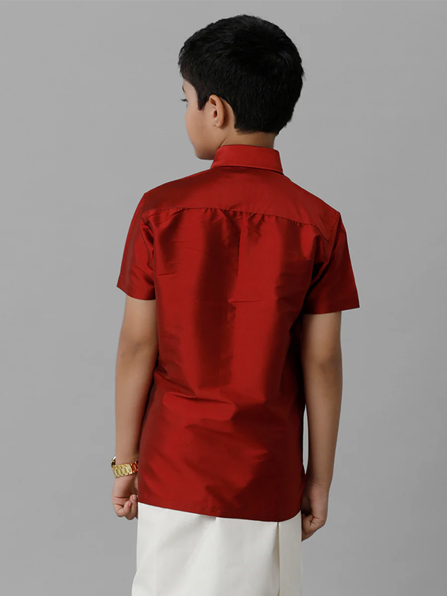 Boys Silk Cotton Maroon Half Sleeves Shirt K7 - Image 3