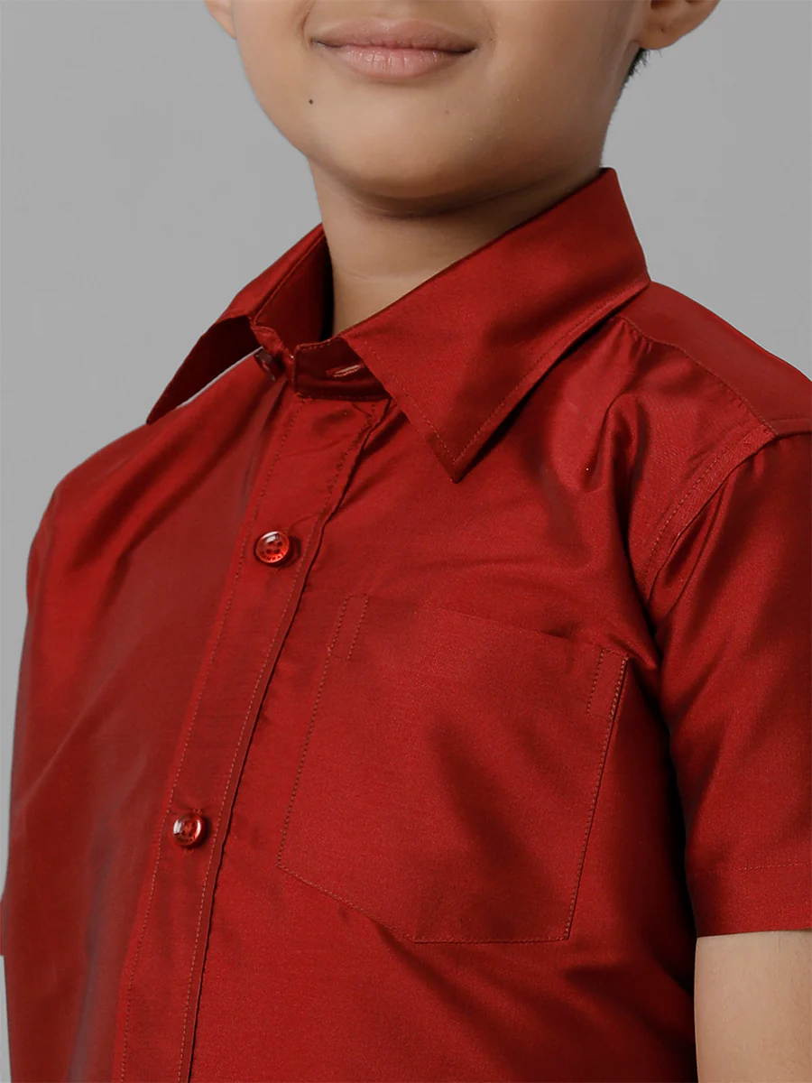 Boys Silk Cotton Maroon Half Sleeves Shirt K7 - Image 4
