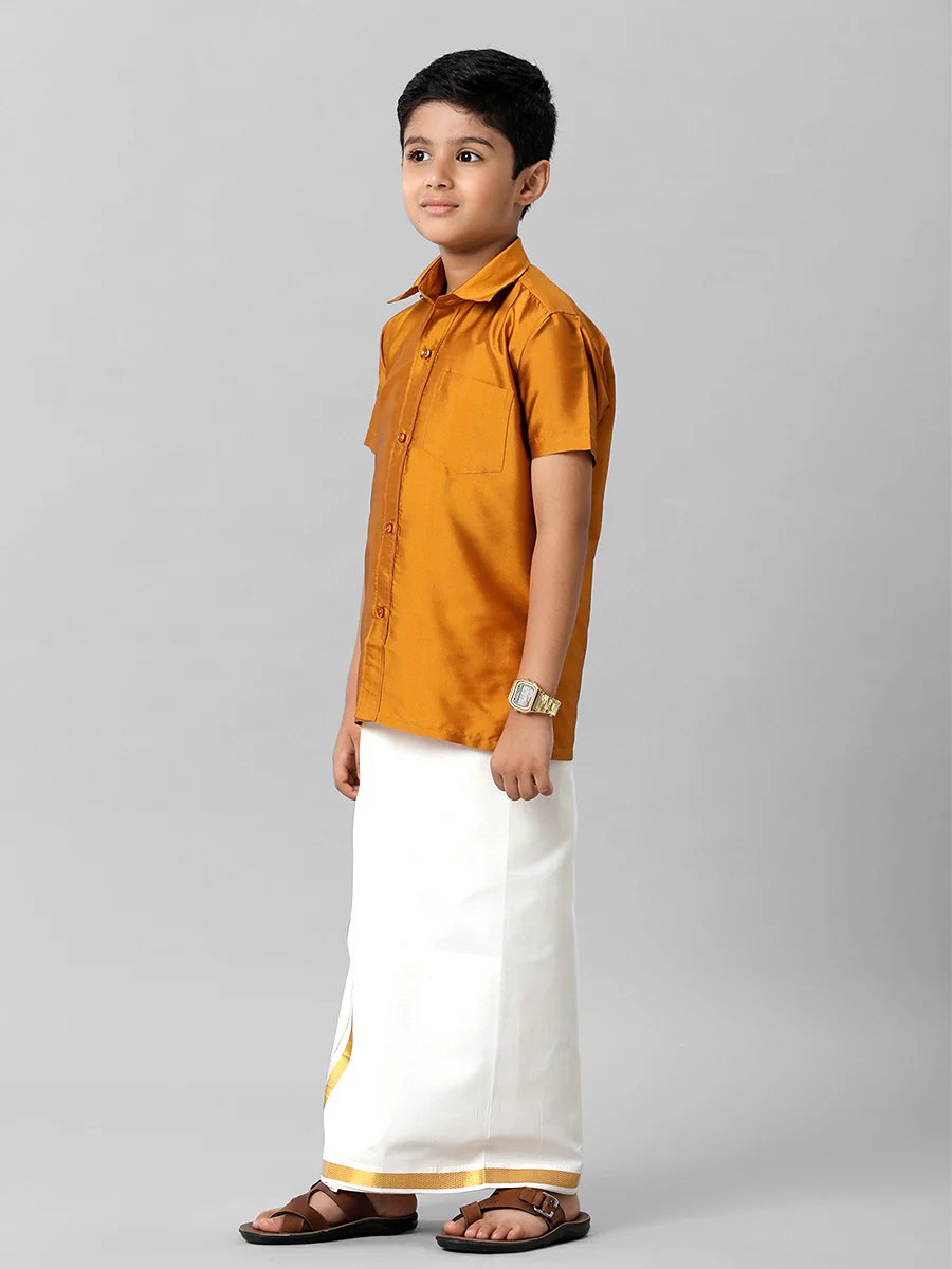 Boys Silk Cotton Mustard Half Sleeves Shirt K37 - Image 5