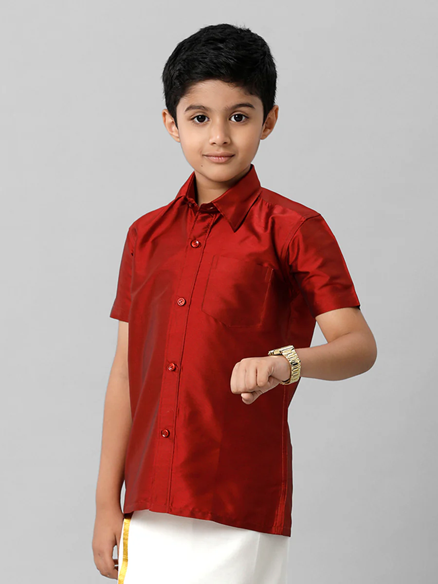Boys Silk Cotton Red Half Sleeves Shirt K8 - Image 3