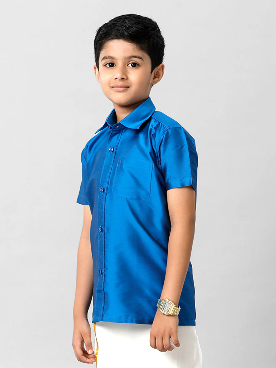 Boys Silk Cotton Royal Blue Half Sleeves Shirt K10 - Image 2