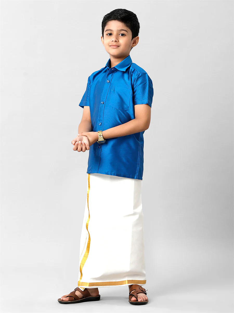 Boys Silk Cotton Royal Blue Half Sleeves Shirt K10 - Image 5