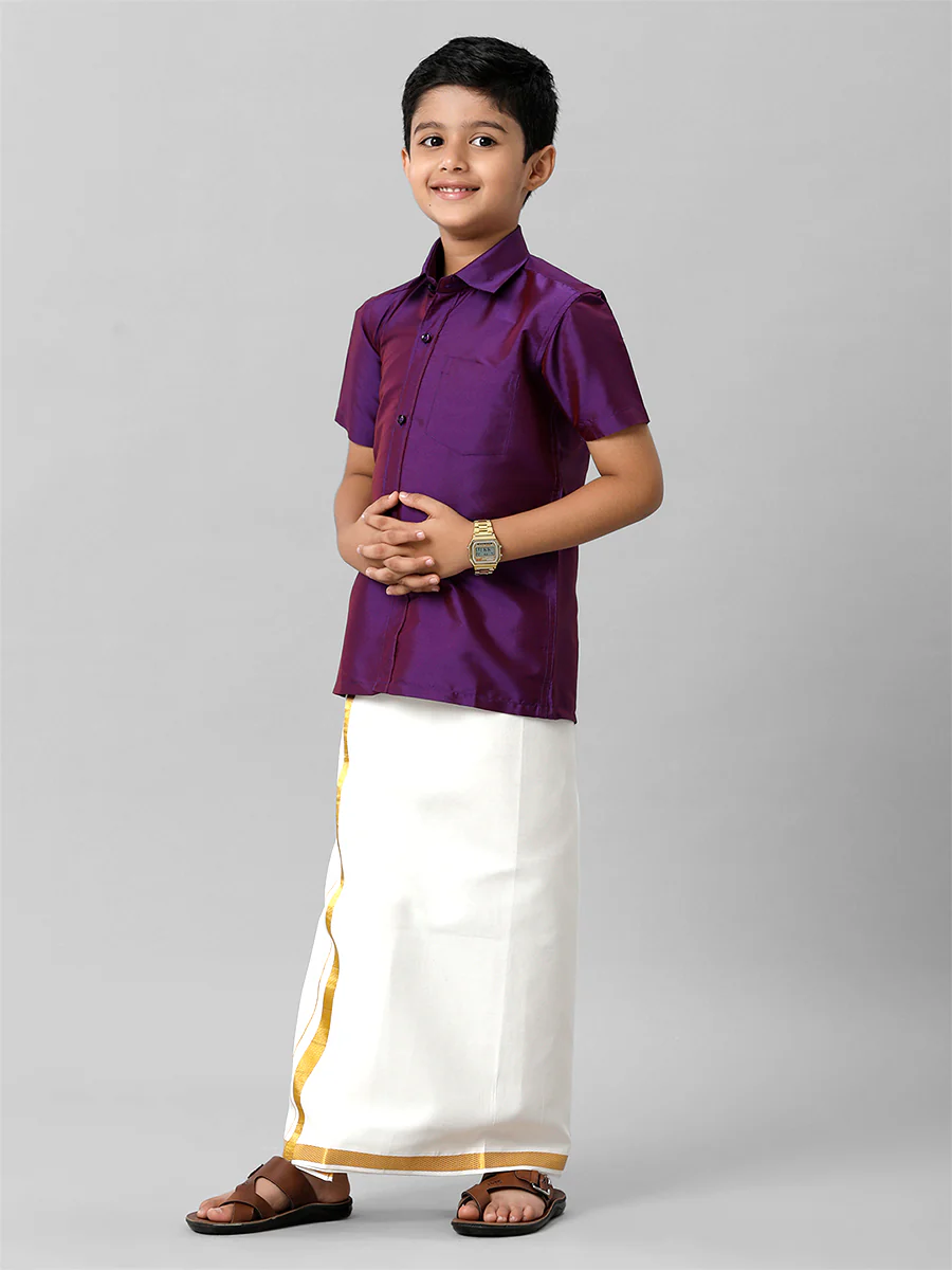 Boys Silk Cotton Violet Half Sleeves Shirt K21 - Image 5