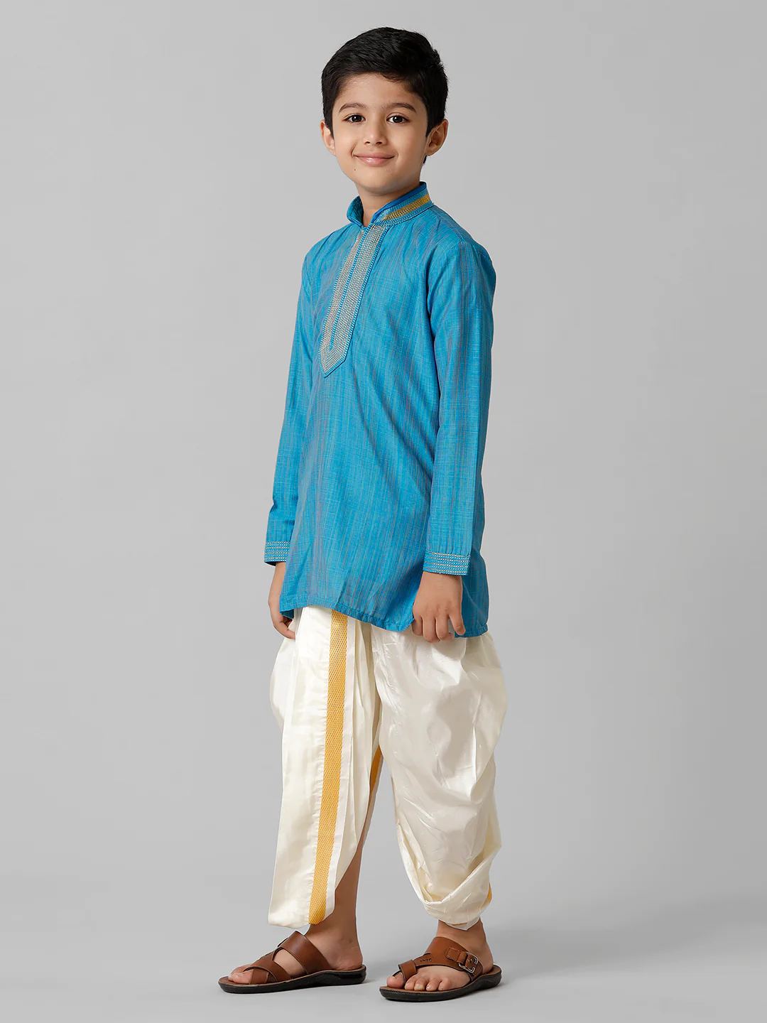 Boys Sky Blue Kurta with Cream Art Silk Panchakacham Combo EMD2 - Image 3