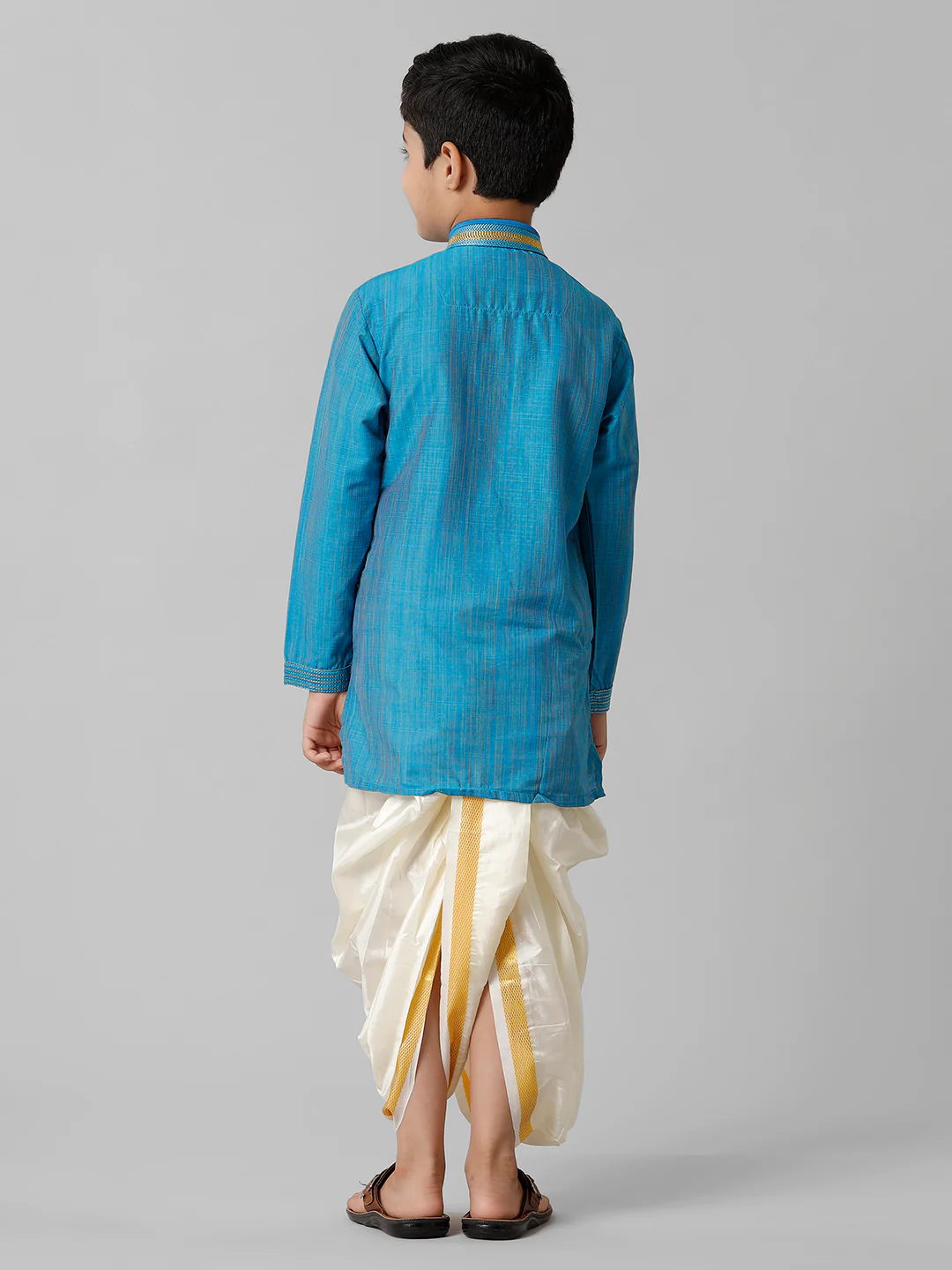 Boys Sky Blue Kurta with Cream Art Silk Panchakacham Combo EMD2 - Image 4