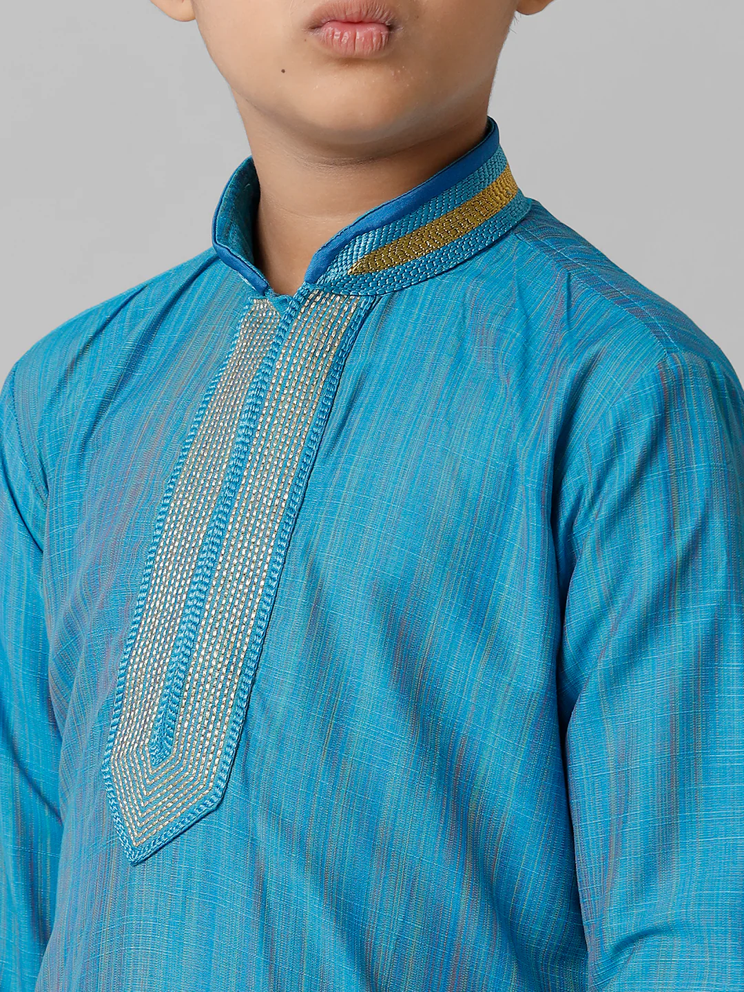 Boys Sky Blue Kurta with Cream Art Silk Panchakacham Combo EMD2 - Image 5