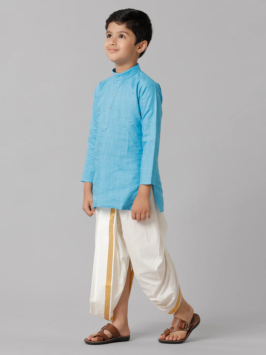 Boys Sky Blue Kurta with Cream Elastic Panchakacham Combo FS4 - Image 2