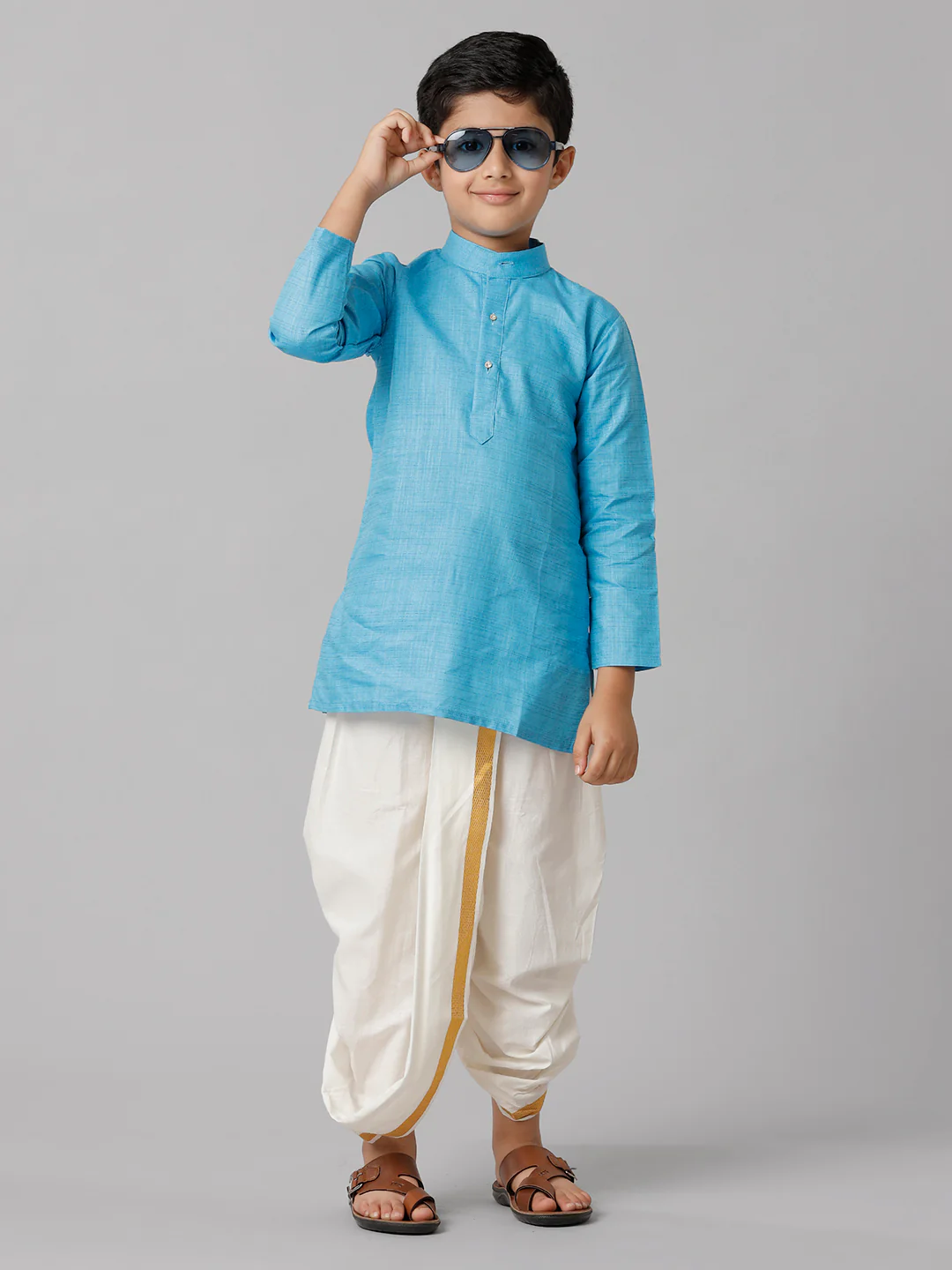 Boys Sky Blue Kurta with Cream Elastic Panchakacham Towel Set FS4 - Image 2