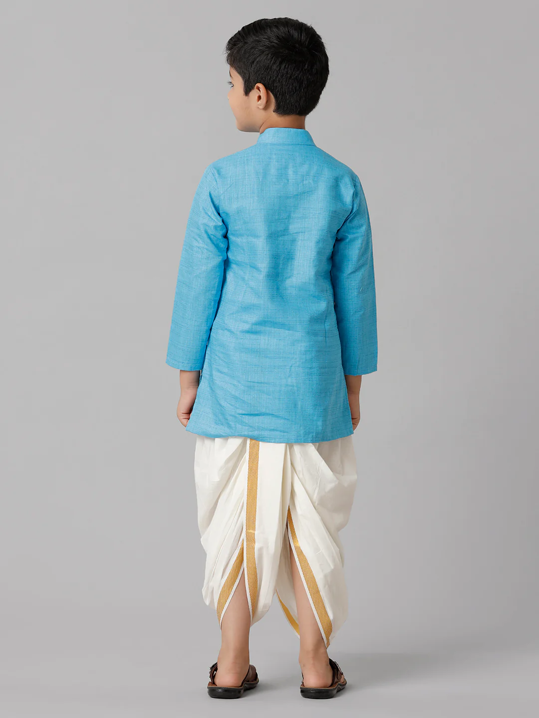 Boys Sky Blue Kurta with Cream Elastic Panchakacham Towel Set FS4 - Image 4
