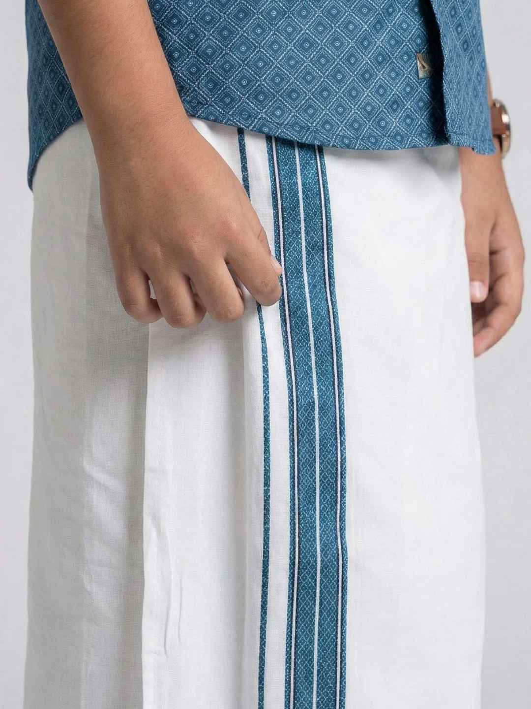 Boys Teal Blue Matching Border Dhoti With Printed Shirt Set Fusion PS27 - Image 5