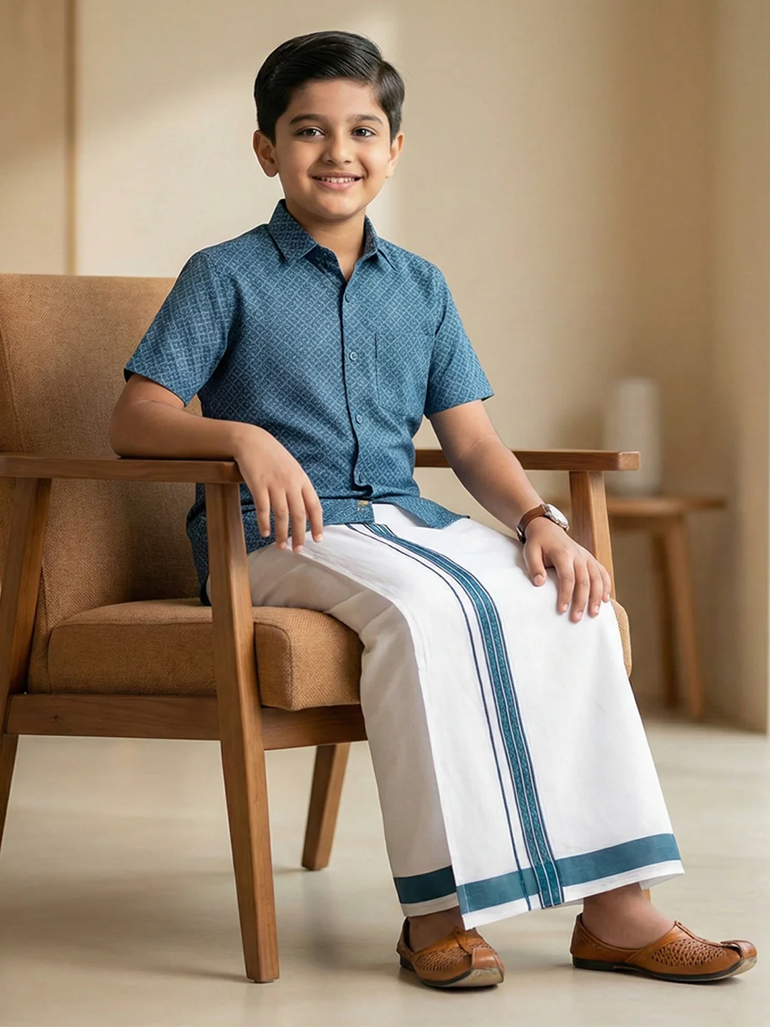 Boys Teal Blue Matching Border Dhoti With Printed Shirt Set Fusion PS27 - Image 6