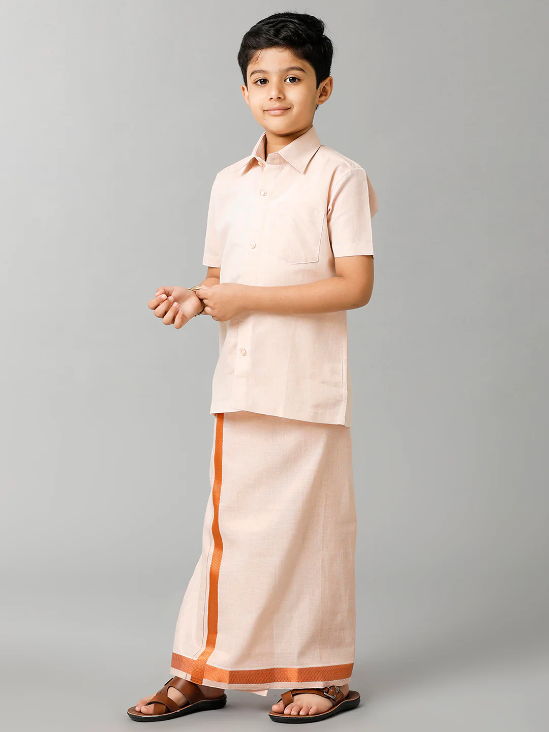 Boys Tissue Jari Half Sleeve Shirt Dhoti Set Sankalpam Copper - Image 3
