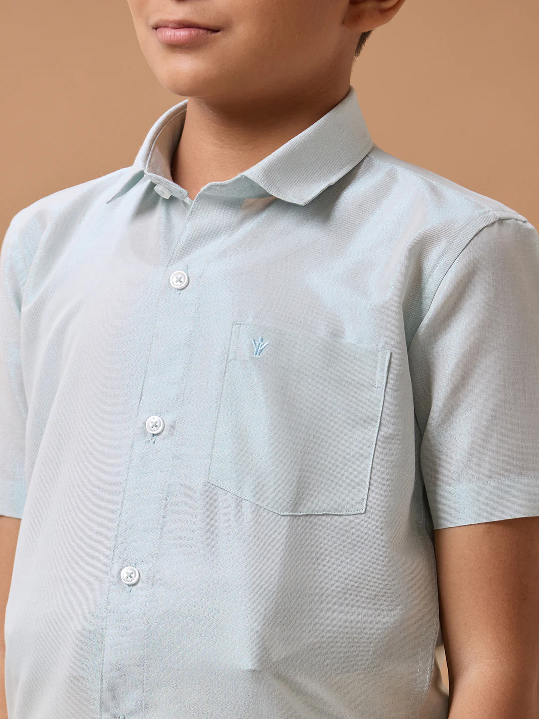 Boys Tissue Jari Half Sleeve Shirt Dhoti Set Sankalpam Cyan - Image 4
