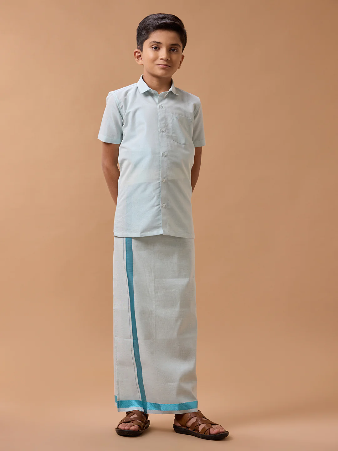 Boys Tissue Jari Half Sleeve Shirt Dhoti Set Sankalpam Cyan - Image 5
