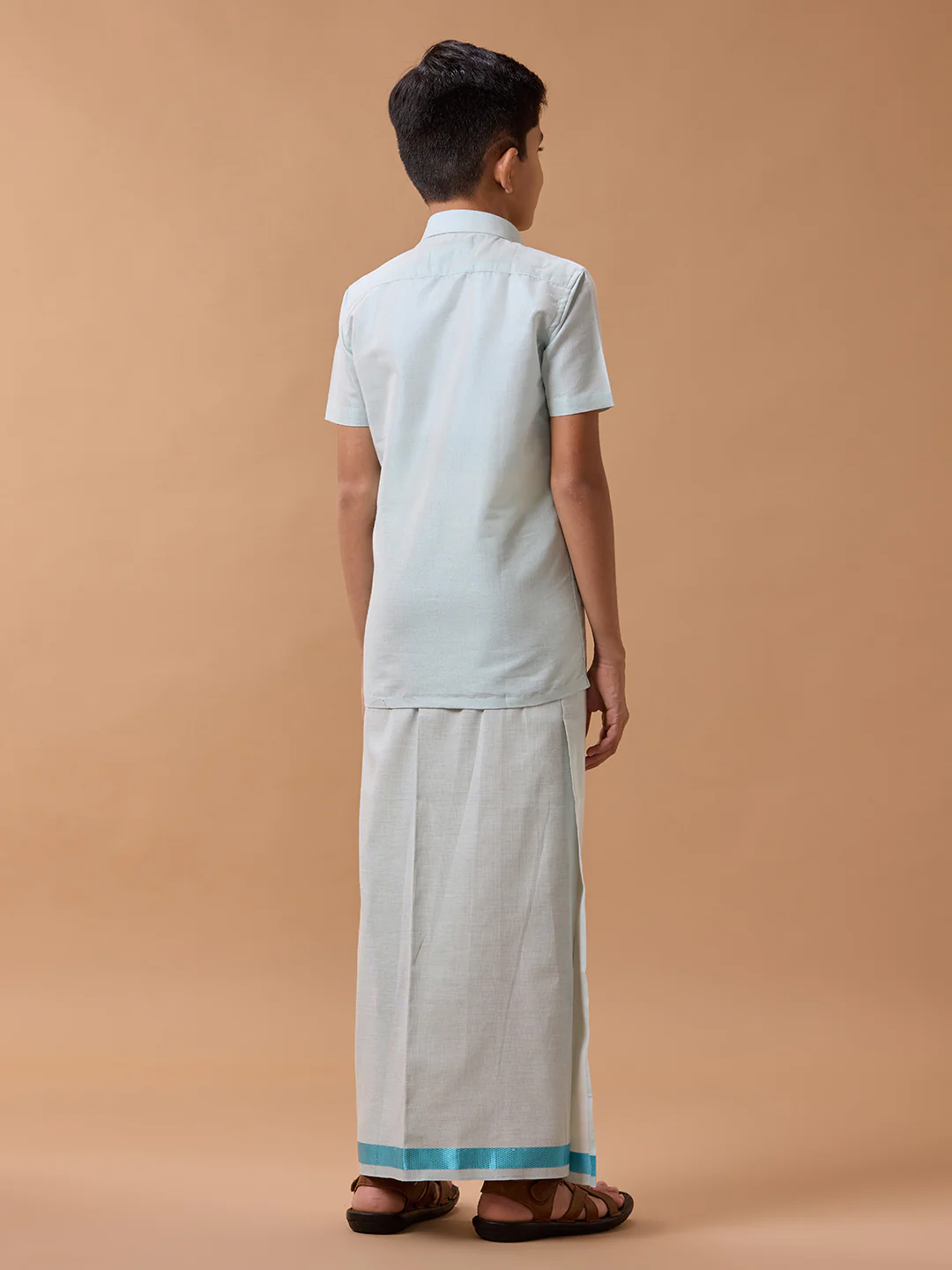 Boys Tissue Jari Half Sleeve Shirt Dhoti Set Sankalpam Cyan - Image 6