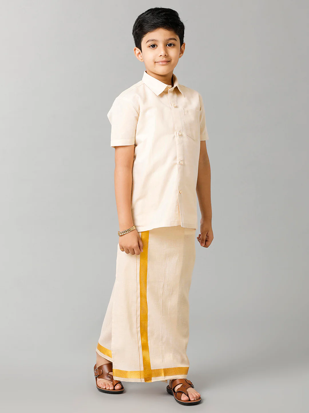 Boys Tissue Jari Half Sleeve Shirt Dhoti Set Sankalpam Gold - Image 3