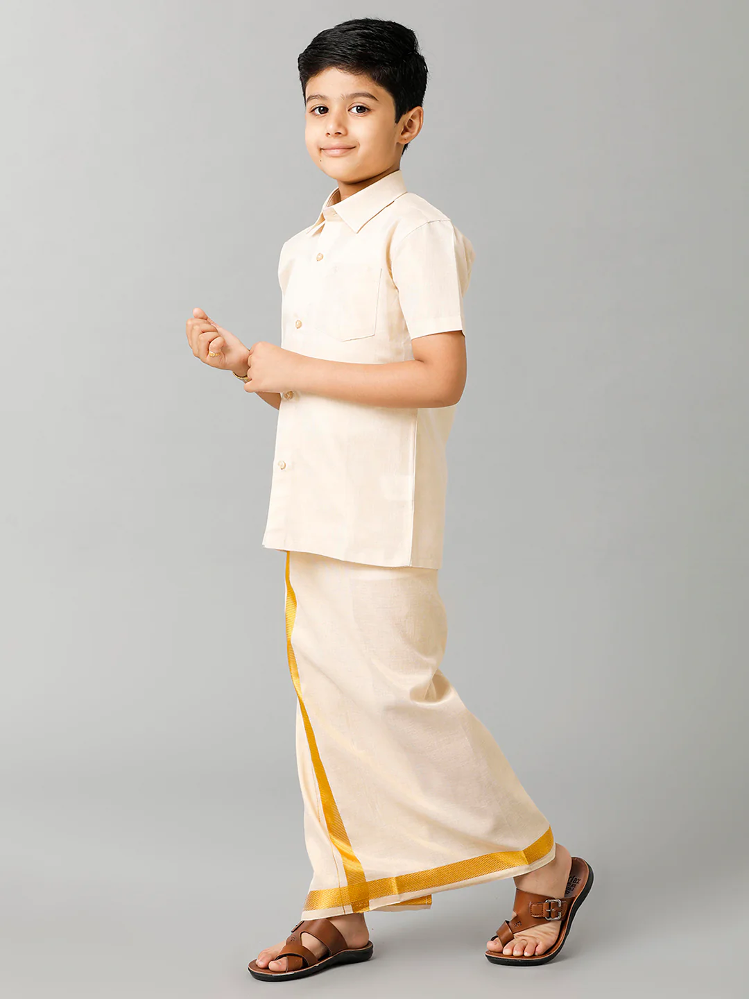 Boys Tissue Jari Half Sleeve Shirt Dhoti Set Sankalpam Gold - Image 4