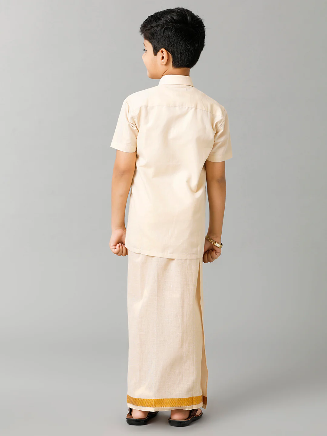 Boys Tissue Jari Half Sleeve Shirt Dhoti Set Sankalpam Gold - Image 5