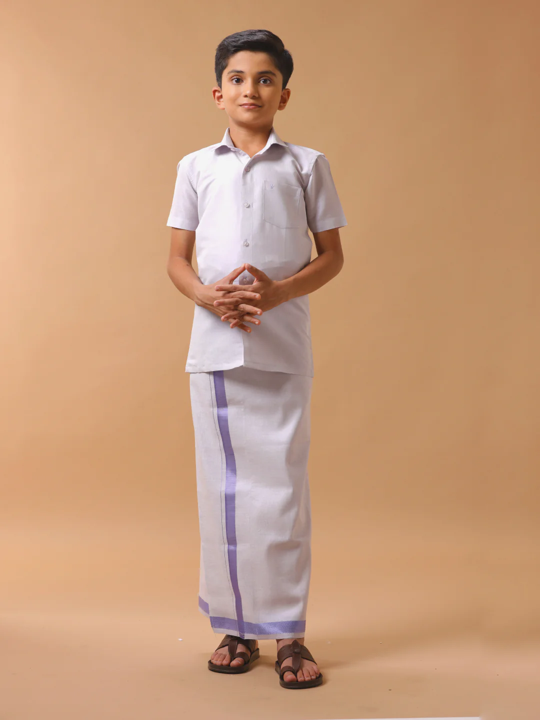 Boys Tissue Jari Half Sleeve Shirt Dhoti Set Sankalpam Lavender - Image 5