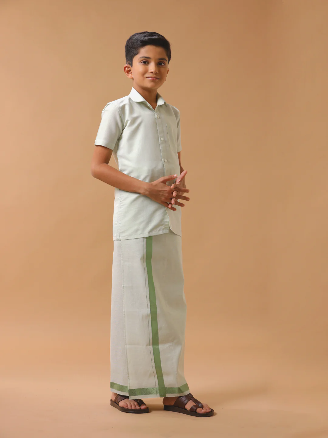 Boys Tissue Jari Half Sleeve Shirt Dhoti Set Sankalpam Moss Green - Image 2