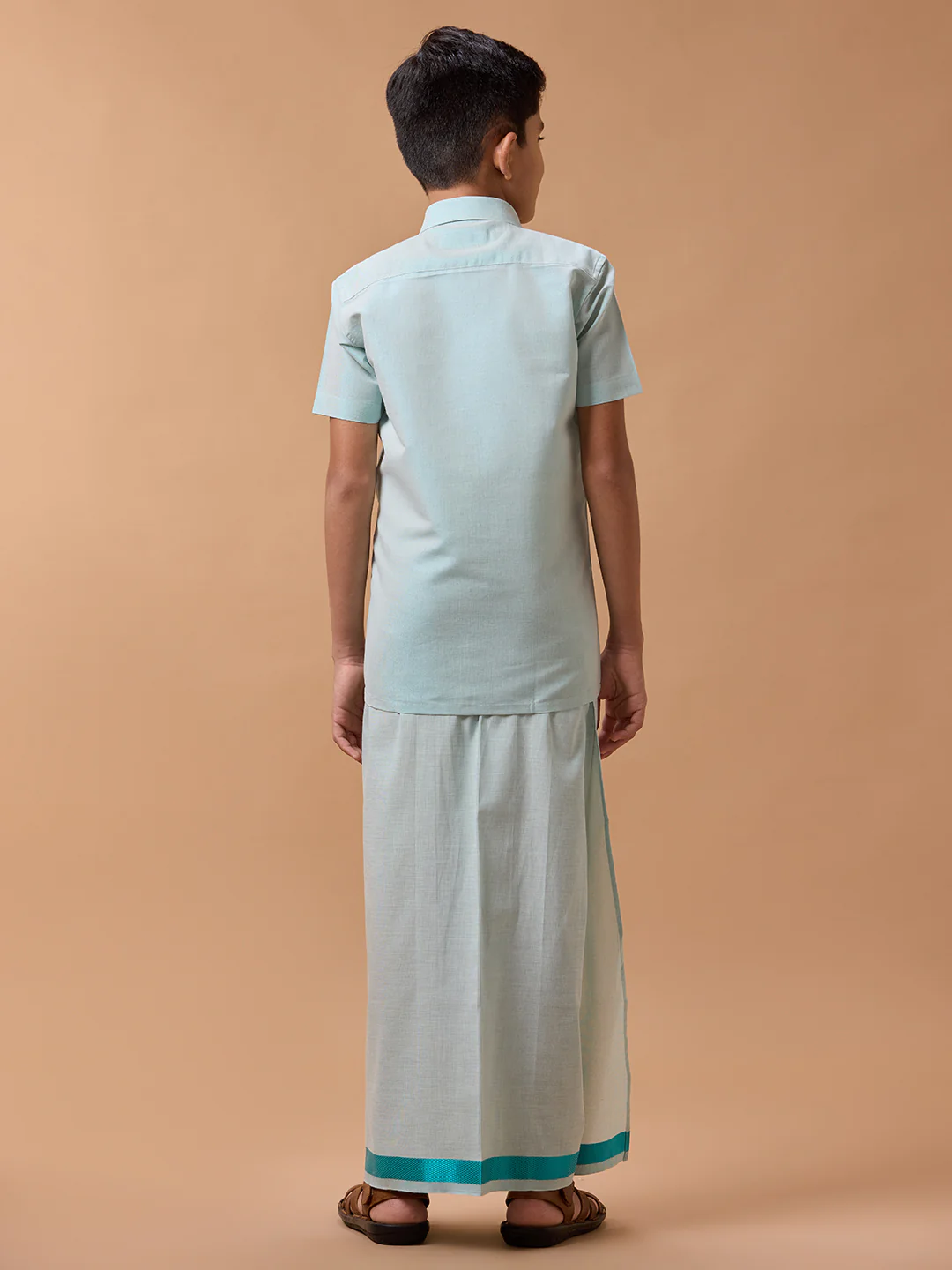 Boys Tissue Jari Half Sleeve Shirt Dhoti Set Sankalpam Ramar Green - Image 5