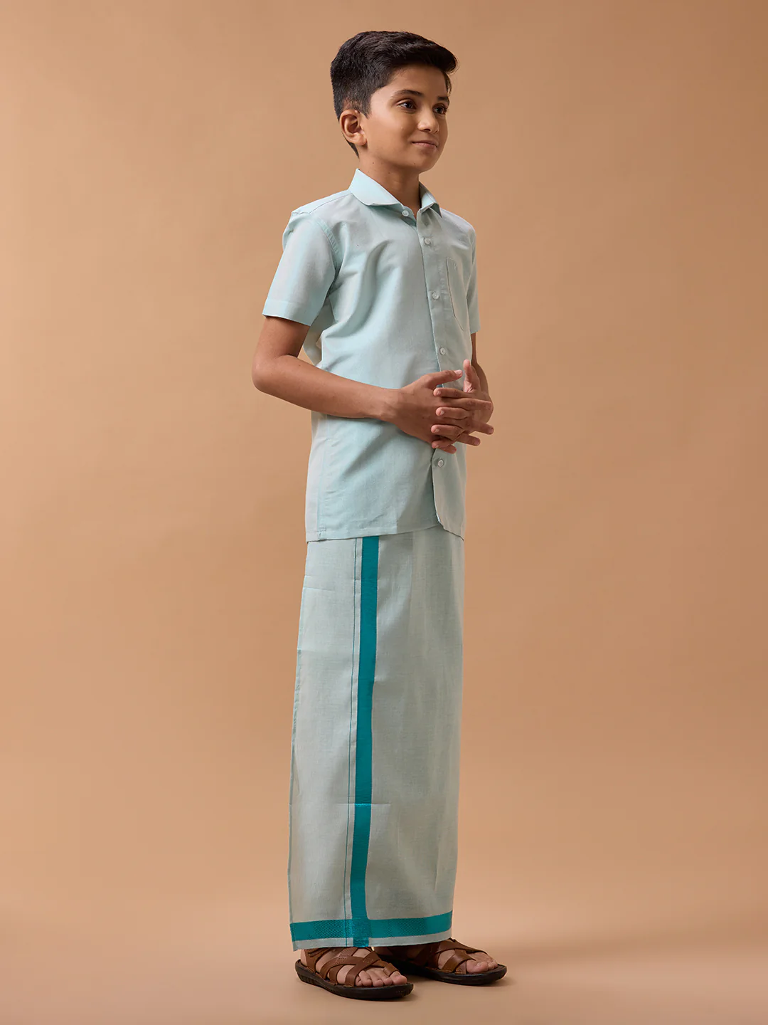 Boys Tissue Jari Half Sleeve Shirt Dhoti Set Sankalpam Ramar Green - Image 6