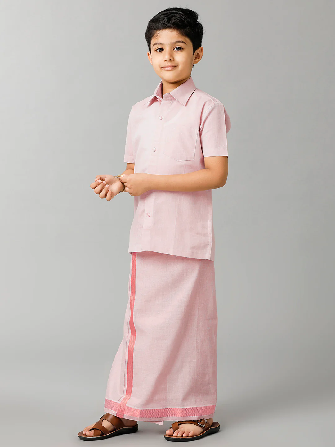 Boys Tissue Jari Half Sleeve Shirt Dhoti Set Sankalpam Rose Gold - Image 2