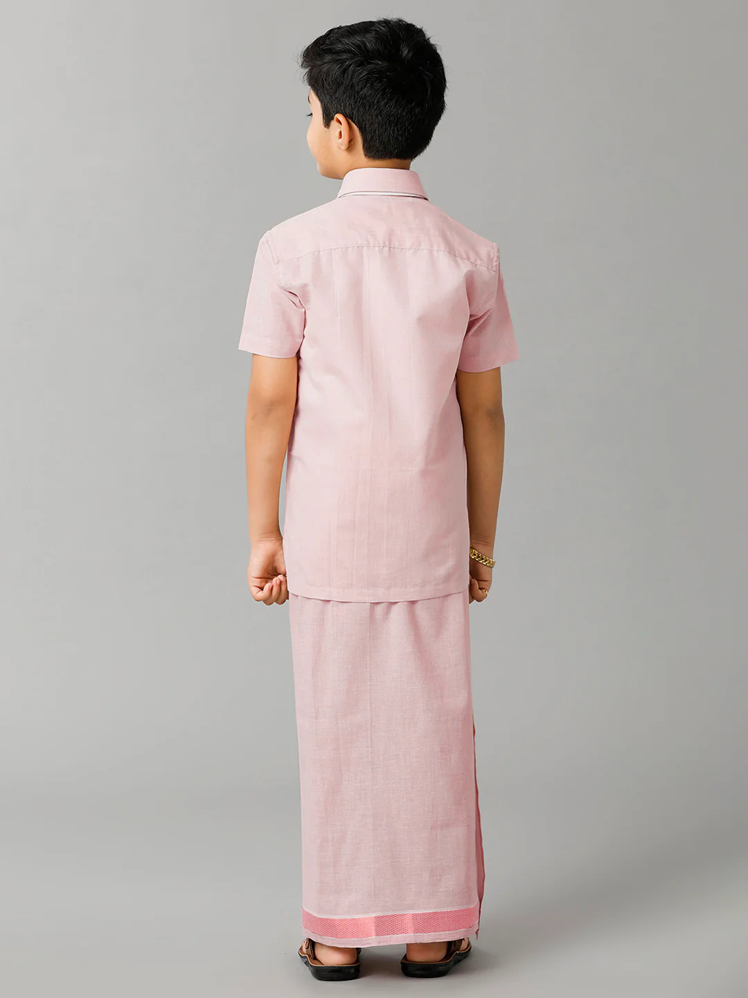 Boys Tissue Jari Half Sleeve Shirt Dhoti Set Sankalpam Rose Gold - Image 3