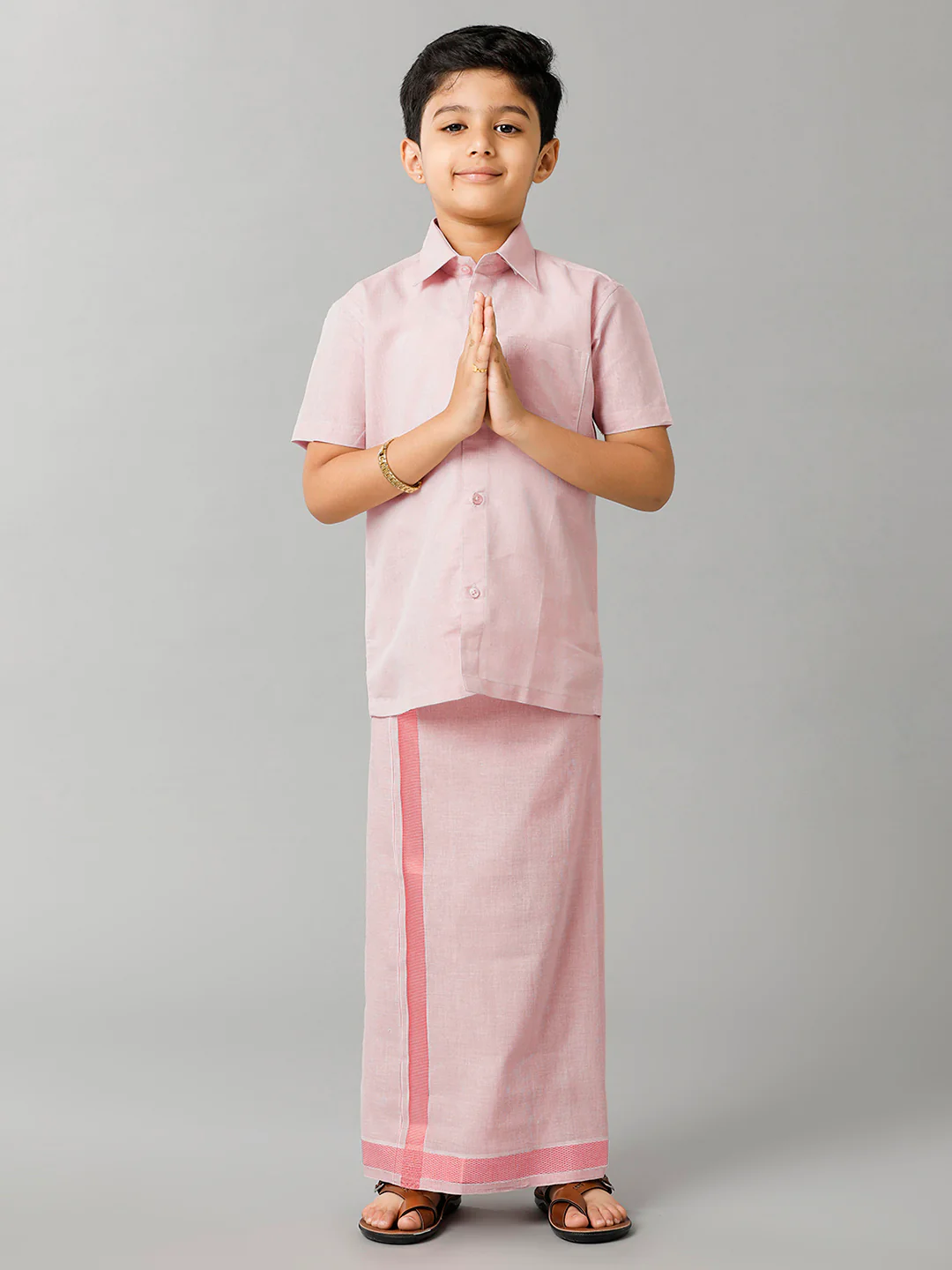Boys Tissue Jari Half Sleeve Shirt Dhoti Set Sankalpam Rose Gold - Image 4