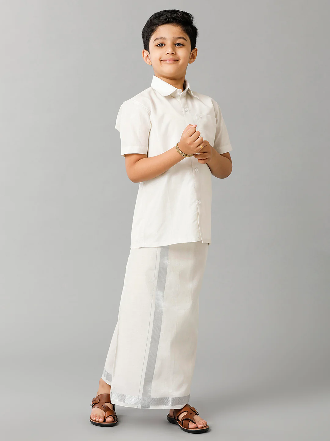 Boys Tissue Jari Half Sleeve Shirt Dhoti Set Sankalpam Silver - Image 2