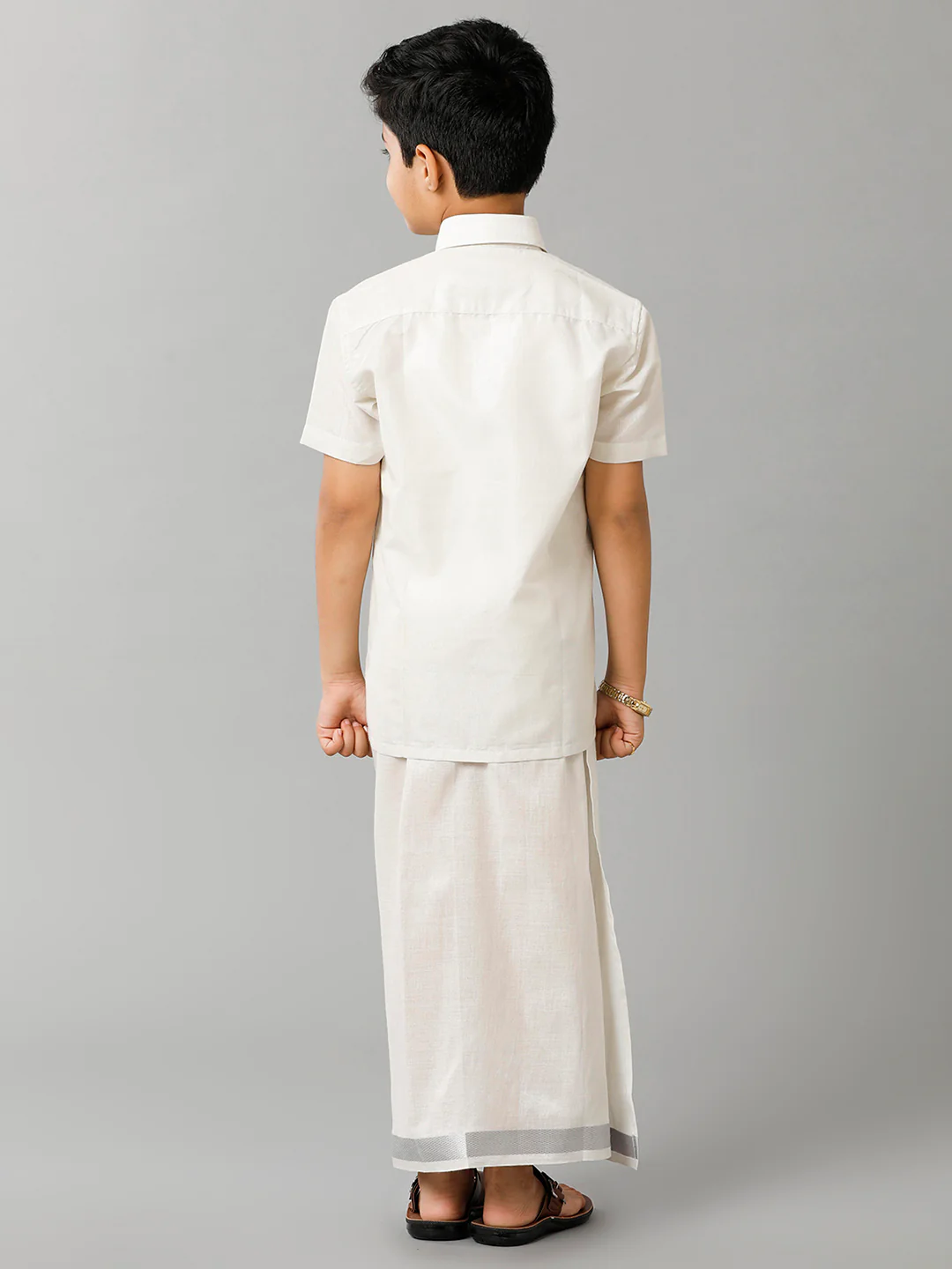 Boys Tissue Jari Half Sleeve Shirt Dhoti Set Sankalpam Silver - Image 4